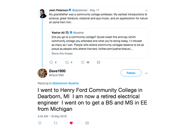 On May 18, retiree Dave Davis tweeted about his proud college beginnings at HFC.