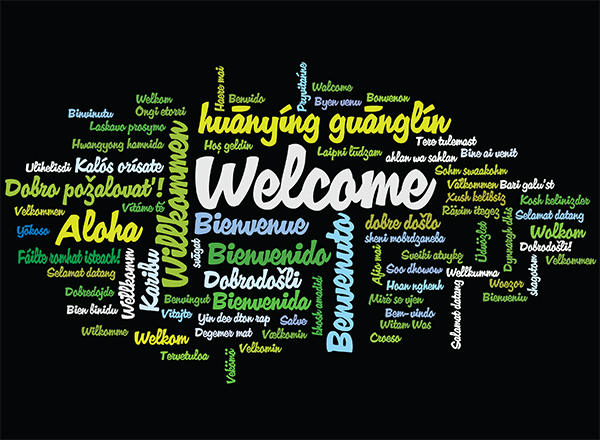 Word cloud with the word Welcome in many languages