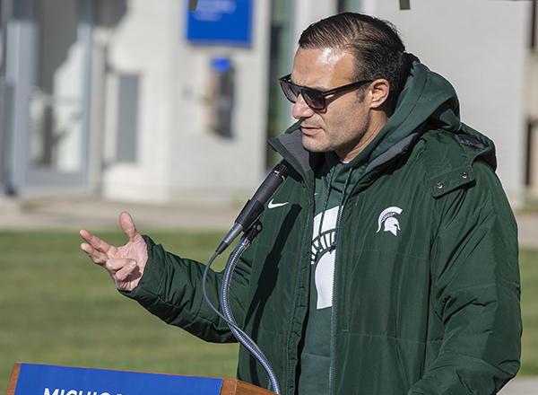 MSU Trustee Brian Mosallam addresses the crowd.