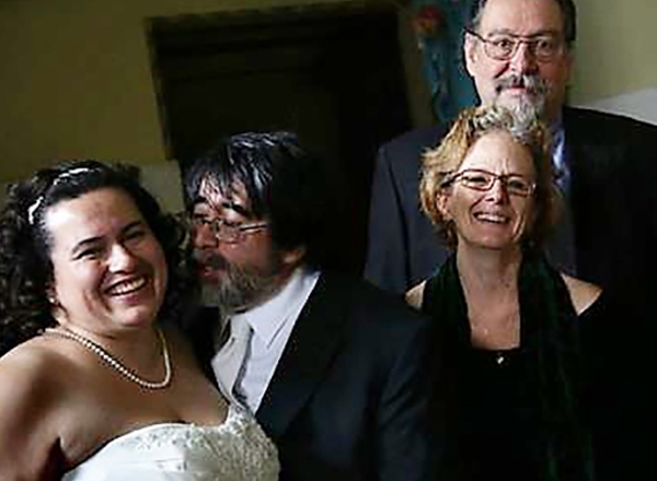 From L-R: Monica Echeverri Casarez, Jorge Casarez, Maureen Sheahan, and her husband Al Cholger at Monica and Jorge's wedding. Maureen and Al started the Monica Echeverri Casarez in honor of Monica, who passed away April 12. 