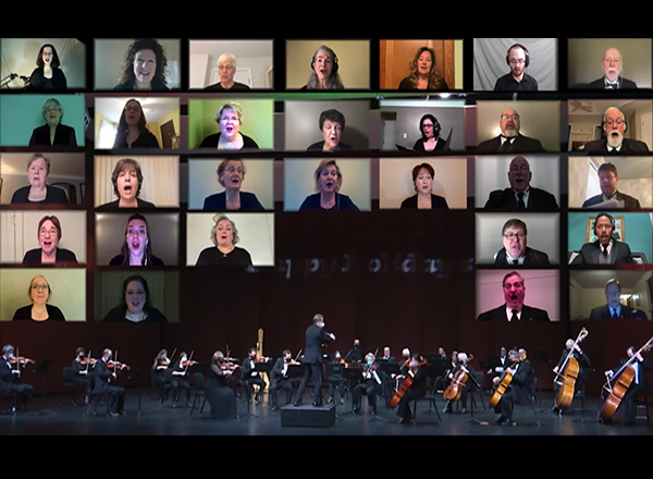 Image of individual people on Zoom with an orchestra at the bottom.