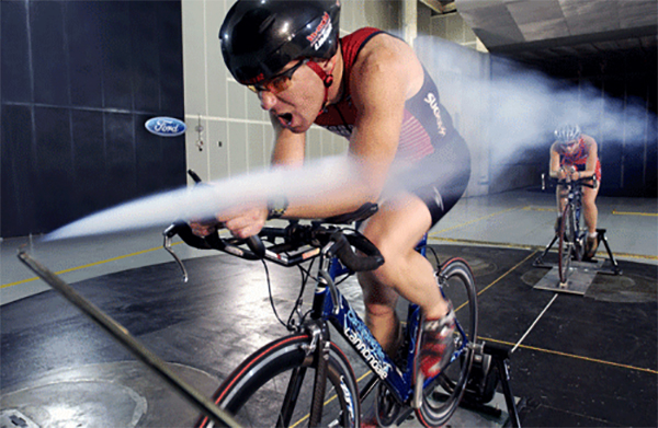 Bike rider in a wind tunnel.