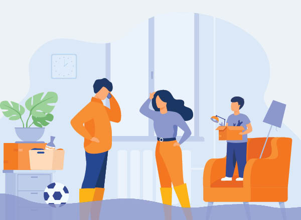 An illustrated image of a family walking ankle deep in water at home.