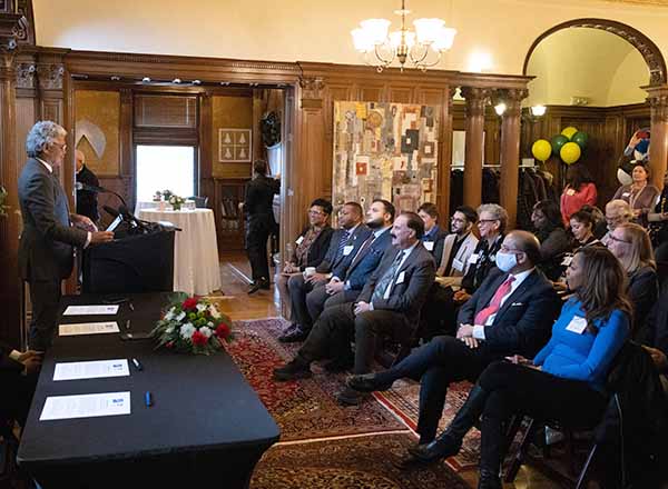 Wayne State University President Dr. M. Roy Wilson speaks at the Henry Ford College Learn4ward and Wayne State Transfer Pathways event. 