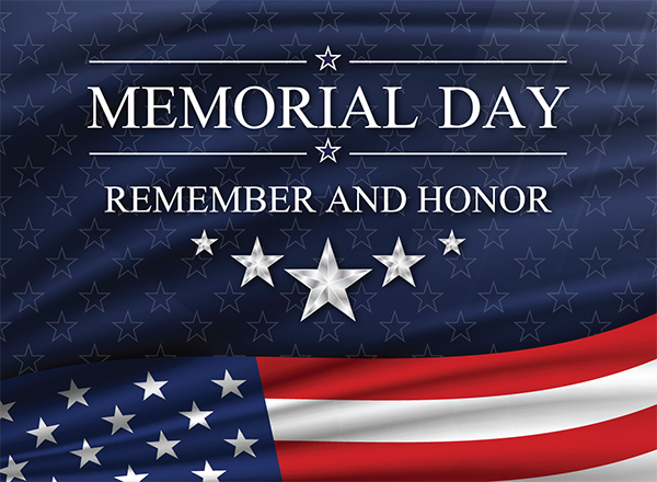 Memorial Day graphic with red, white, and blue and Memorial Day Remember and Honor text