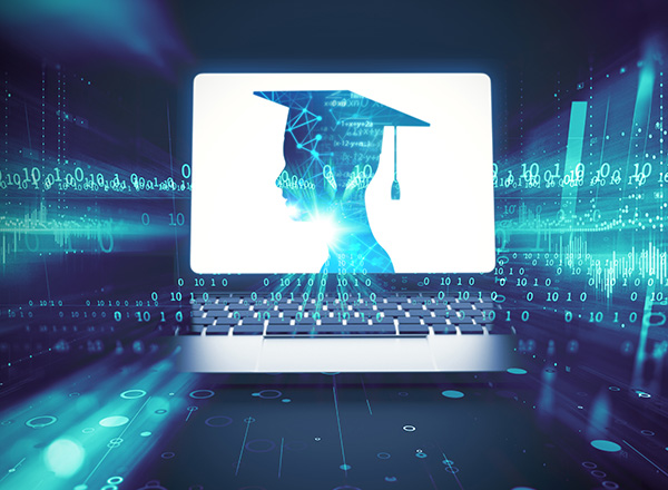 A photo of cyber space and a laptop with a sillhouette of a graduate.