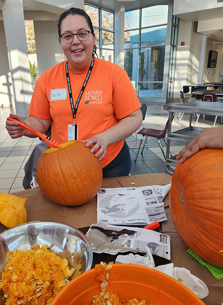HFC Manager of Orientation and New Student Engagement Kelly Baratono looks up from her work. 