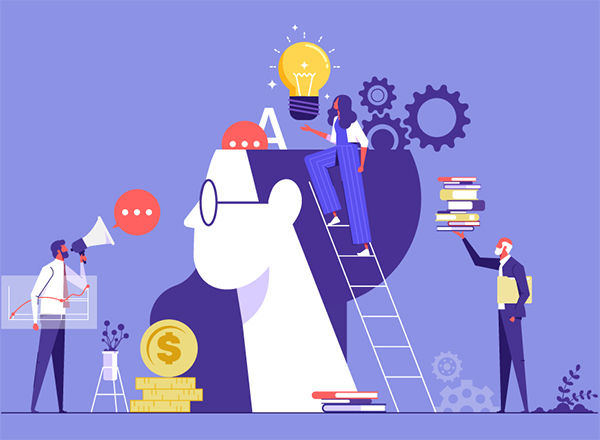 An illustration of professional people working, learning, building up knowledge.