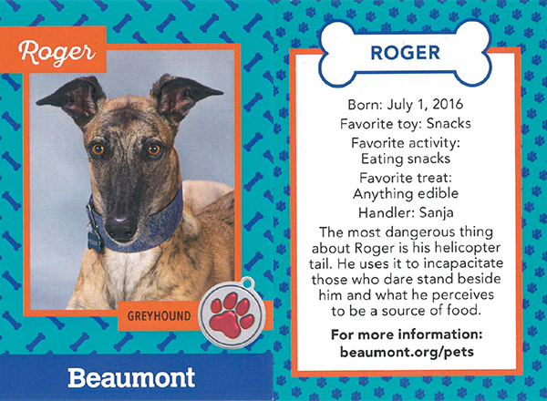 Gus and Roger even have their own trading cards. Here's the facts about Roger.