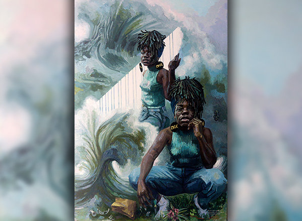 Teresa Dunn's "The Ballad of Azya Moore", a painting of a woman in two spots and waves of blue-green.