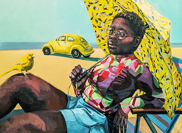 Teresa Dunn's vibrant painting "More Yellow", a woman on the beach with a yellow umbrella, a yellow bird, and a yellow Volkswagen Bug. 
