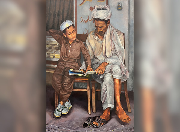 Cherri's painting of a boy and man reading.