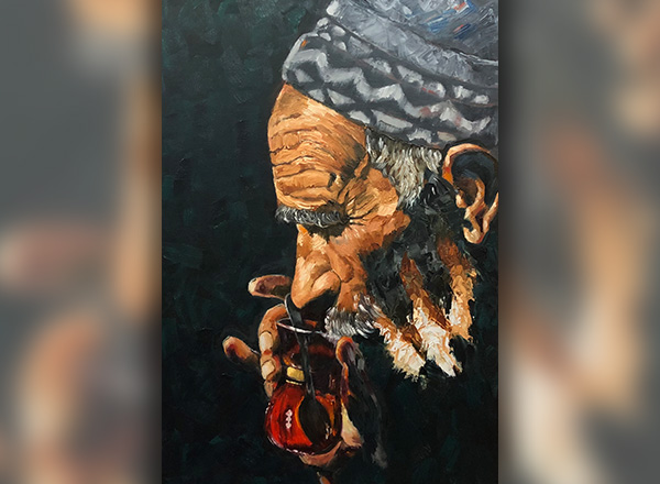 Cherri's closeup painting of an older man thinking.