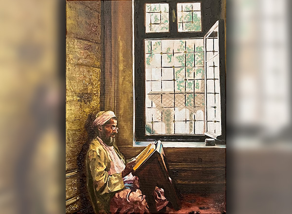 Cherri's painting of an older man reading by a window.