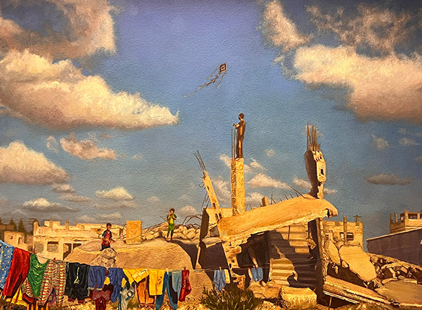Cherri's painting of a boy flying a kite on top of ruins.