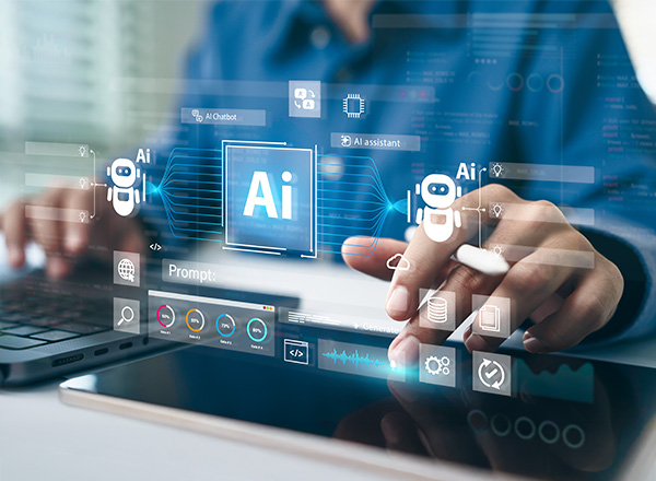 A closeup of a person working on a laptop and pad, with AI illustrations popping out. 