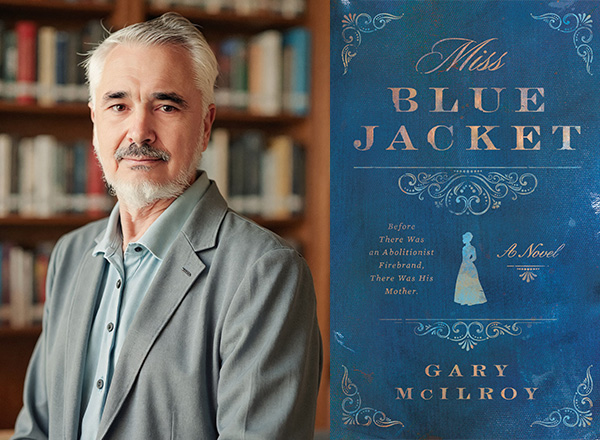 Headshot of Dr. Gary McIlroy and to the right of him, a pic of his new book "Miss Blue Jacket".