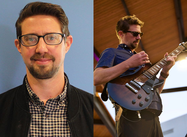 To the left a headshot of John Patrick. On the right, John playing his guitar on stage.