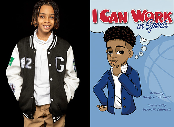 George A. Latham IV to the left, on the right the cover of his book, "I Can Work in Sports"