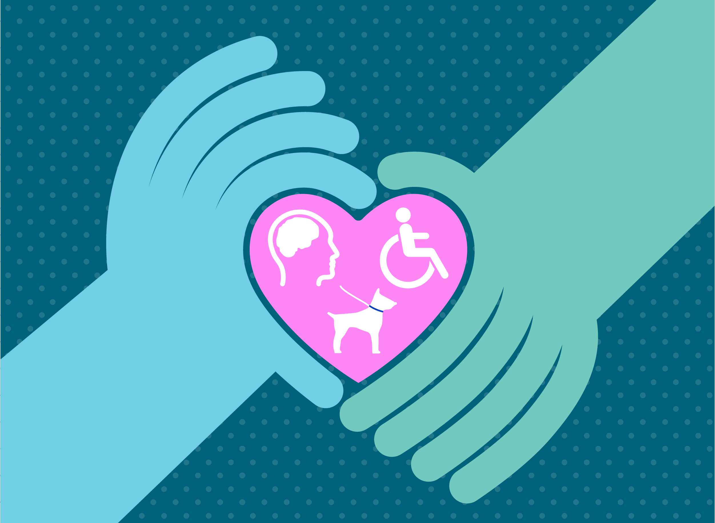 Stylized hands wrapped around a heart with icons inside of the heart representing mental health and disabilities.