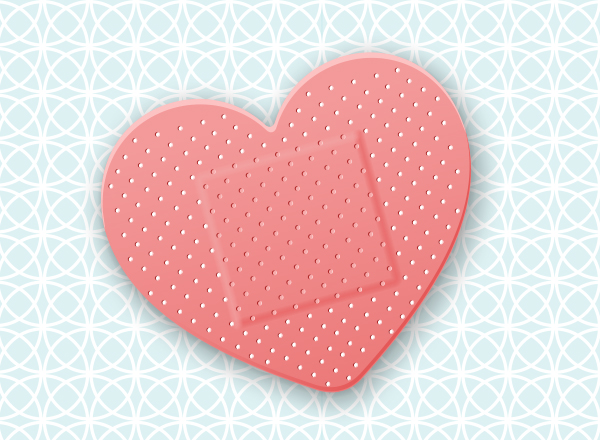 Bandaid in the shape of a heart on a graphic background.