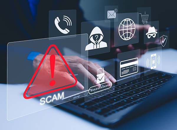 Person getting online warnings for scams, identity theft, stolen personal info. 