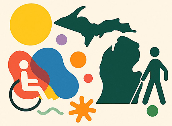 Colorful, abstract illustration of Michigan, disability icons, and shapes. 