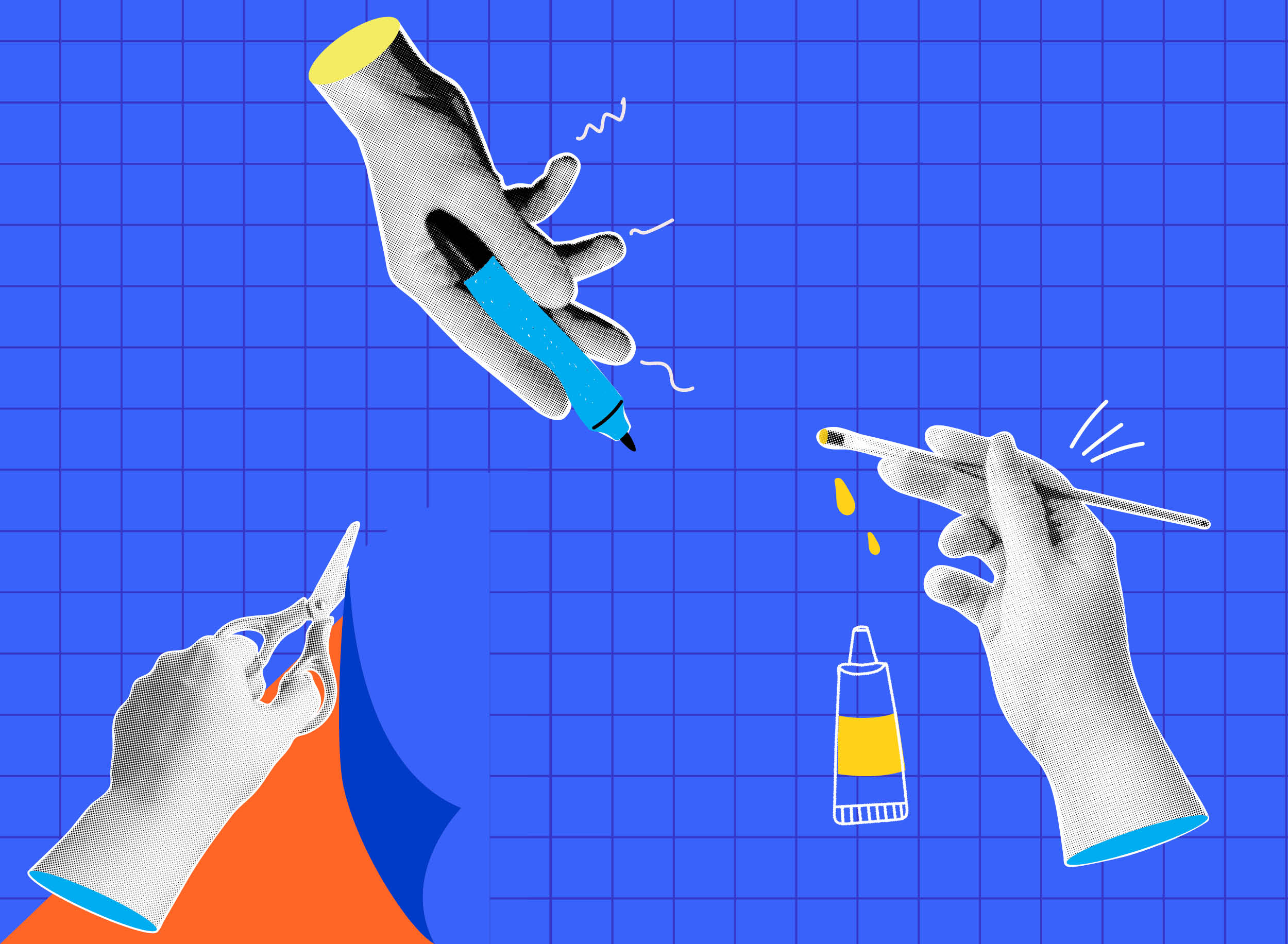 Collage hands painting, drawing, and cutting blue paper.