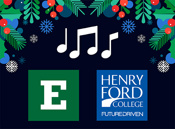 EMU and HFC logo with music notes and a holiday frame of holly and snowflakes