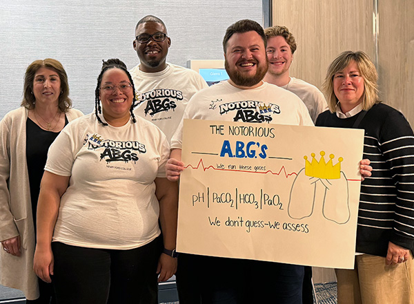 Front row (from L-R):  Kamille Scarbrough, Cameron Gonzales, HFC Director of Clinical Education of the Respiratory Therapist Program Teena Culhane. Back row (from L-R):  HFC Respiratory Therapist Program Director Kim Najarian,  Xavier Hinton, Tyler Burrell (team captain). 