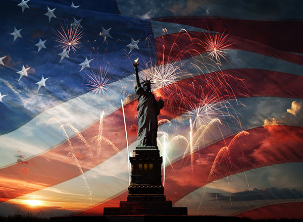 Statue of Liberty on flag background