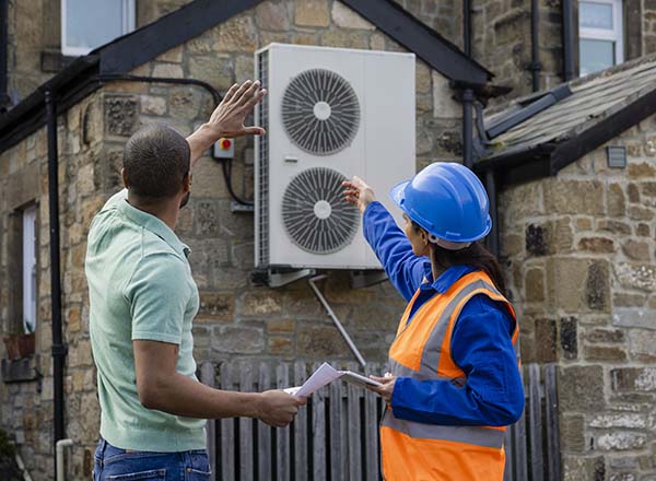 Electrician standing outside, pointing to brick building and talking to customer.