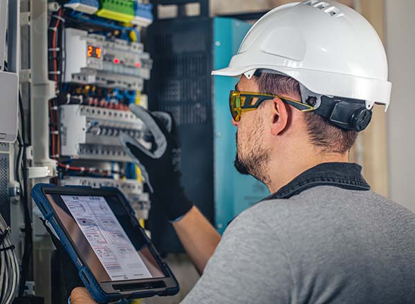 Electrician wearing a hardhat working with a switchboard with fuses.