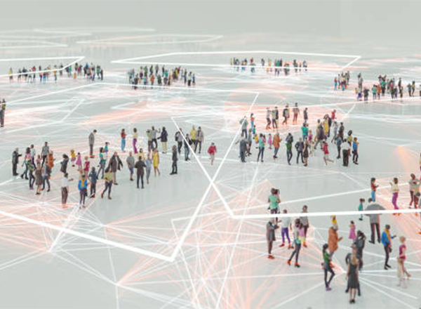 People dispersed in groups across a large empty white space with abstract networking lines forming connections across the groups