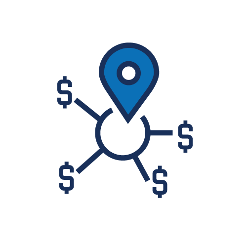 Icon of web diagram that has dollar signs pointing to center with location pin overlay