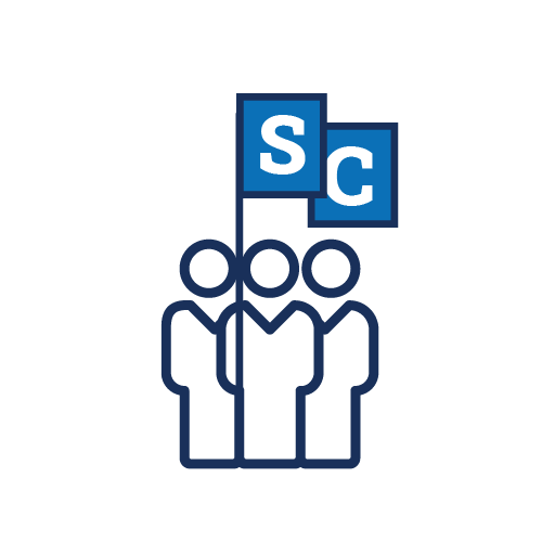 Icon of three figures holding a flag that has the letters "SC"