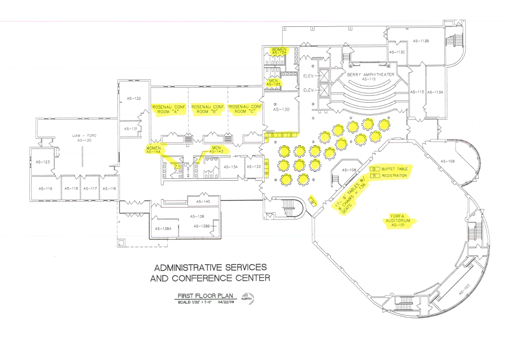 Blueprint of Administrative Services and Conference Center showing the first floor containing conference rooms and auditoriums