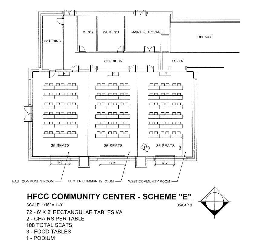 Blueprint for Welcome Center Conference rooms  with 72 rectangular tables, 108 chairs and 3 rectangular food tables and a podium
