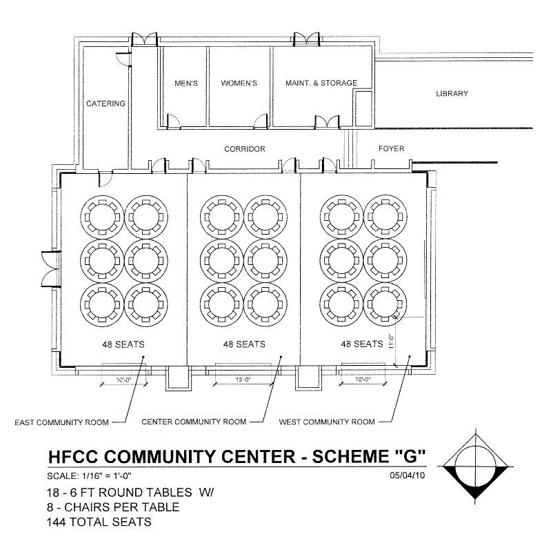 Blueprint for Welcome Center Conference rooms with 18 round tables with 144 chairs