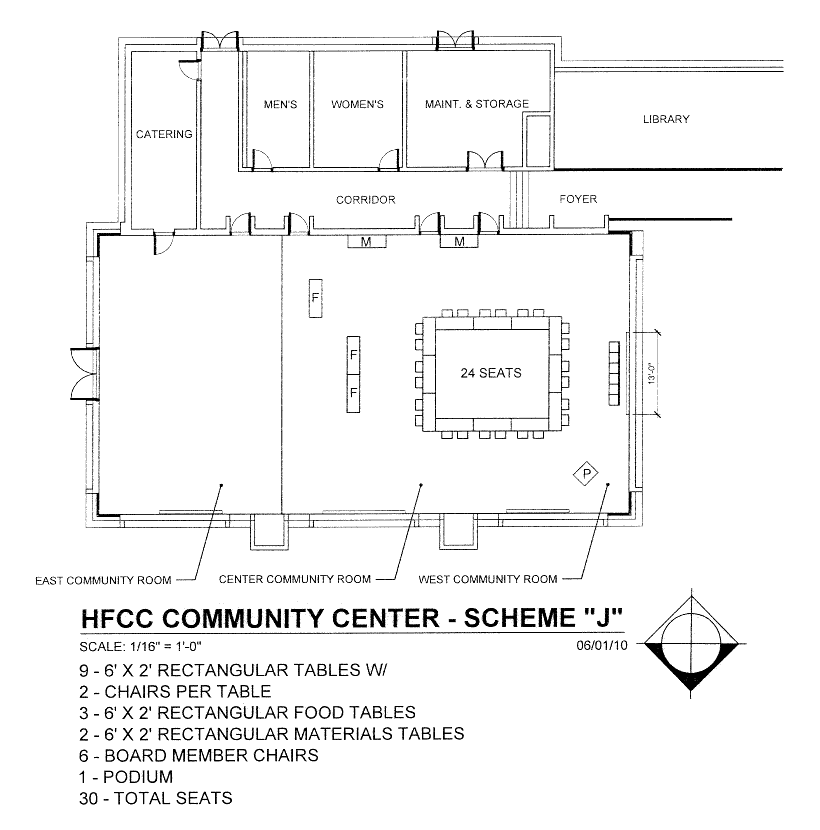Blueprint of Welcome Center Community Conference Rooms with 9 tables in a square with 24 seats and 3 rectangular food tables