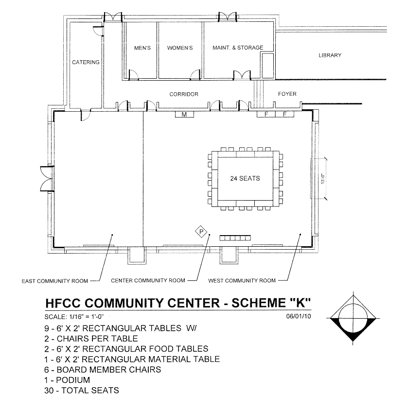 Blueprint of Welcome Center Community Conference Rooms with 9 tables in a square with 24 seats and 2 rectangular food tables