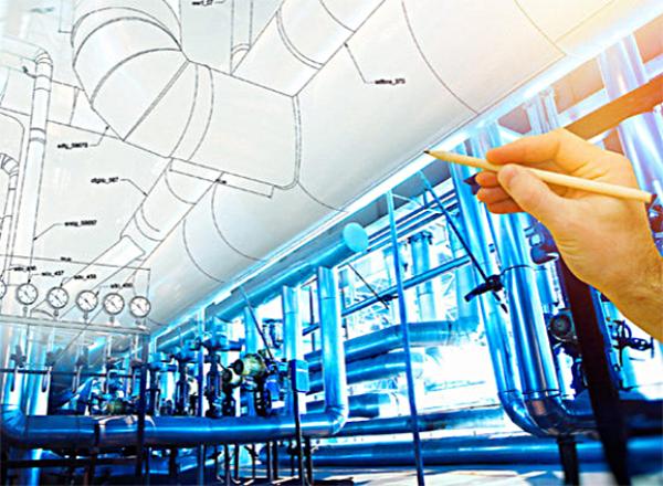 Architectural drawing juxtaposed with photo of factory