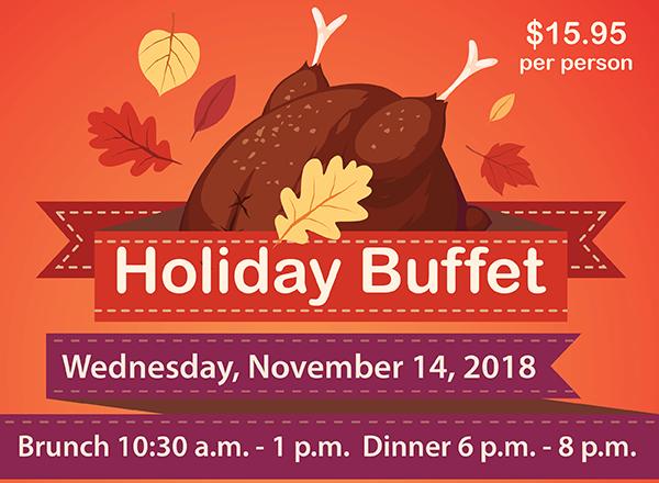 Drawing of a turkey with the words Holiday Buffet and date