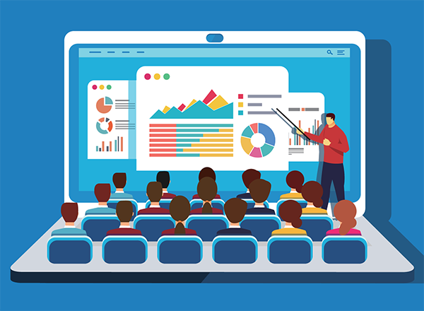 vector image of teacher at computer-screen whiteboard