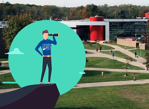 Graphic / photo of guide using telescope to view HFC campus