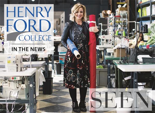 Image of woman in sewing lab with tables and fabric, HFC logo overlay