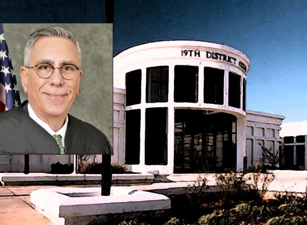 Judge Hunt and illustration of 19th District Court building