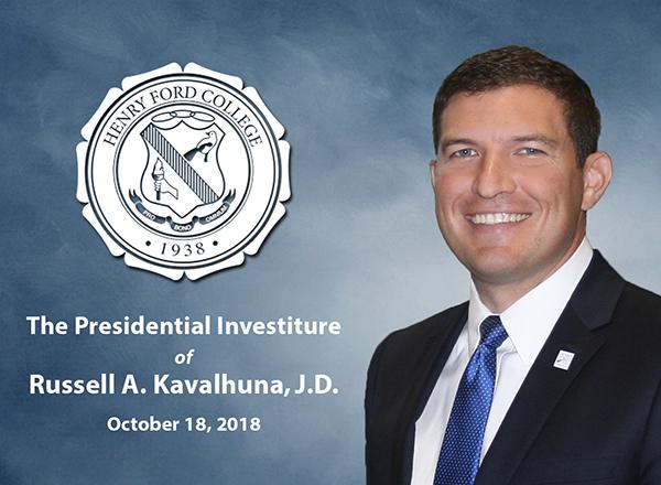 President Kavalhuna next to the Henry Ford College Seal