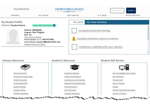 screenshot of student portal highlighting the new alert section with reminders to "complete course placement" etc.