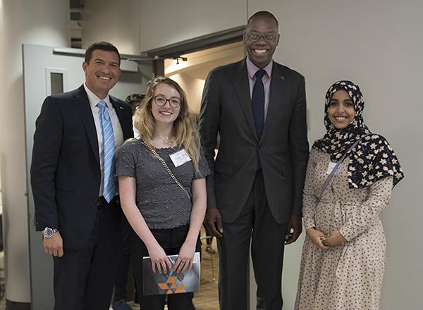 HFC President Russ Kavalhuna, Student Council VP Georgia Cotter, Lt. Gov. Garlin Gilchrist II, Student Council President Baraka Elmadari at Henry Ford College on June 17.